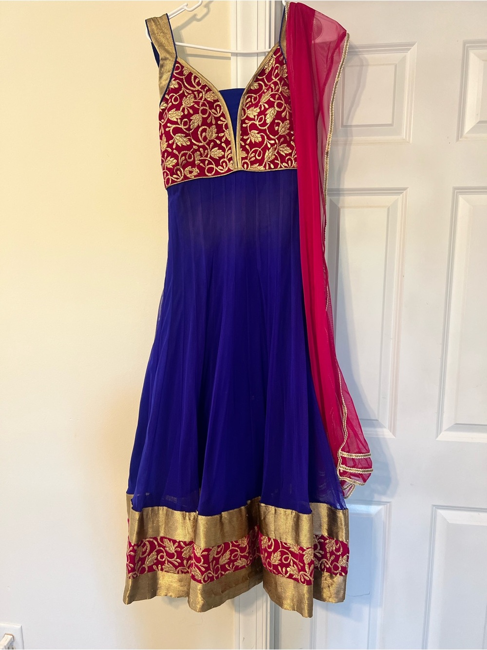 Royal Blue & Fuchsia Anarkali Dress with Gold Embroidery